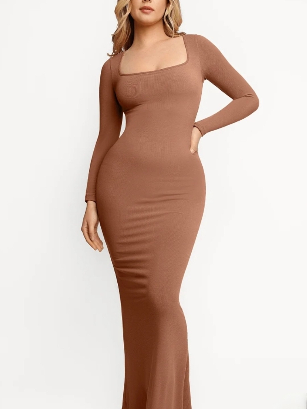 Popilush Shapewear Square Neck Long Sleeve Slimming Modal Maxi Dress